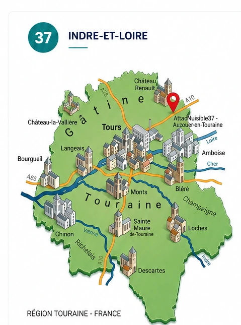 Carte Indre-et-Loire (37) — zones d'intervention dératisation désinsectisation Tours